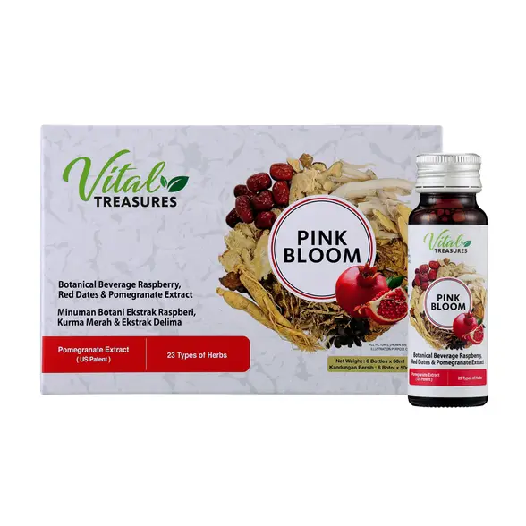 VITAL TREASURES PINK BLOOM Botanical Beverage Raspberry, Red Dates & Pomegranate Extract  