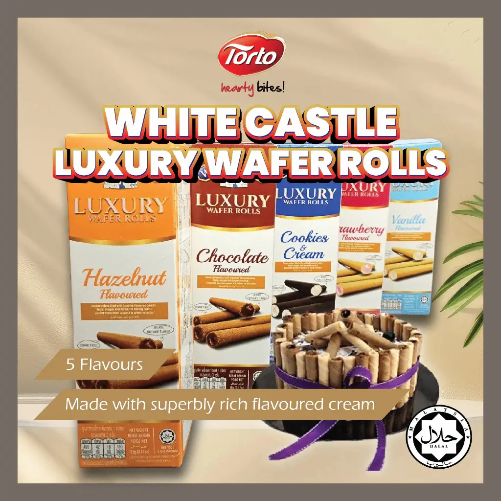 90g White Castle Luxury Cream Wafer Rolls (1 box)